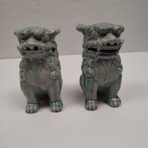 Vintage Mid-Century Ceramic Foo Dogs Celadon Blue Guardian Lions 1960s